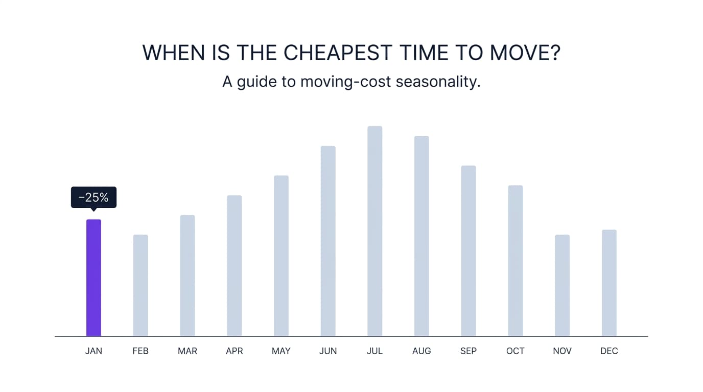 A twelve-month bar chart of moving costs with summer peaks and the cheapest off-peak month highlighted.